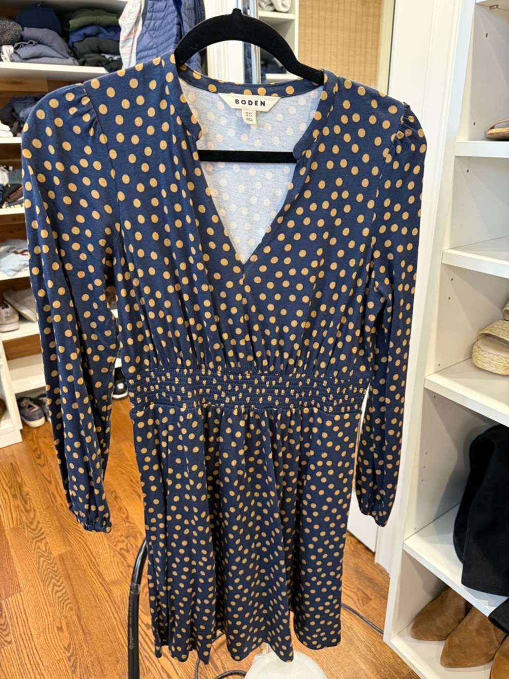 Boden Navy and Tan Polka Dot V-Neck Long Sleeve Dress